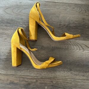 Elegant Mustard Gold Yellow Suede ankle strap women’s  Open Toe Heels block 7.5